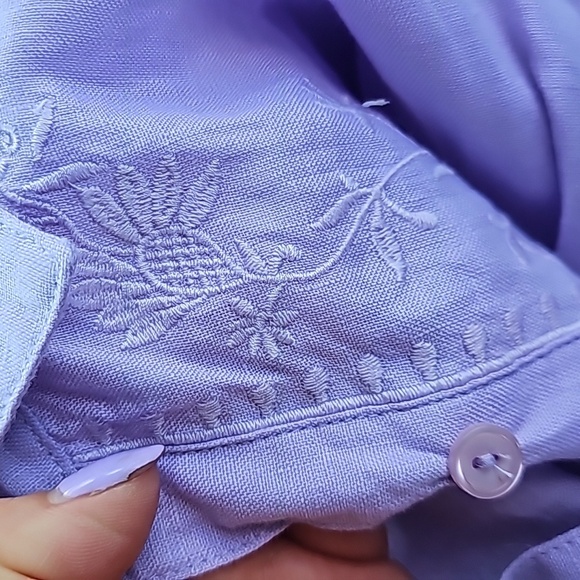 VINTAGE L.L. Bean Button Down 100% Linen Long Sleeve Purple Embroider Floral XL - Picture 6 of 6